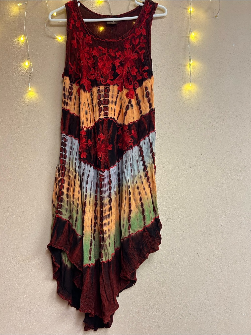 Bohemian Tie-Dye Asymmetrical Midi tank top Dress in Red and Multicolor Free Sz - Picture 1 of 10